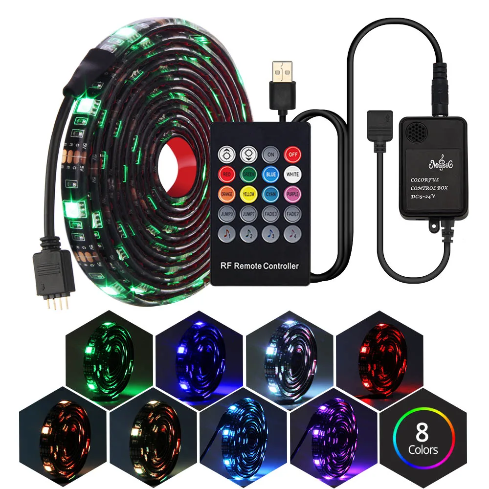 5 В USB Светодиодная лента 5050 RGB ТВ ПОДСВЕТКА 30 светодиодный s/m со звуковым датчиком 20Key RF музыкальный контроллер 50 см 1 м 2 м набор RGB светодиодный лента