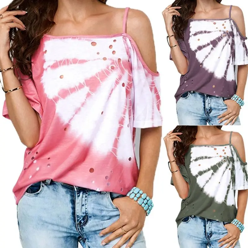 

Womens Sexy Cutout Cold Shoulder Short Sleeves T-Shirt Tye-Dye Gradient Floral Print Blouse Casual Oblique Neck Loose Tunic Tops
