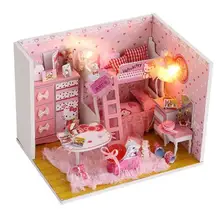 DIY Кукольный дом Миниатюрный Китти Кэт принцесса комната с мебелью светодиодный Пылезащитный чехол 3D деревянный Творческий кукольный домик подарок Q003
