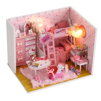 

DIY Doll House Miniature Kitty Cat Princess Room With Furnitures LED Dust Cover 3D Wooden Creative Dollhouse Toy Gift Q003