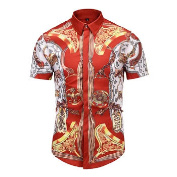 

2019 Fashion New Men Shirts Short Sleeve 3d Print Red Golden Pattern Casual Fit Slim Style High Quality Chemise Homme Summer