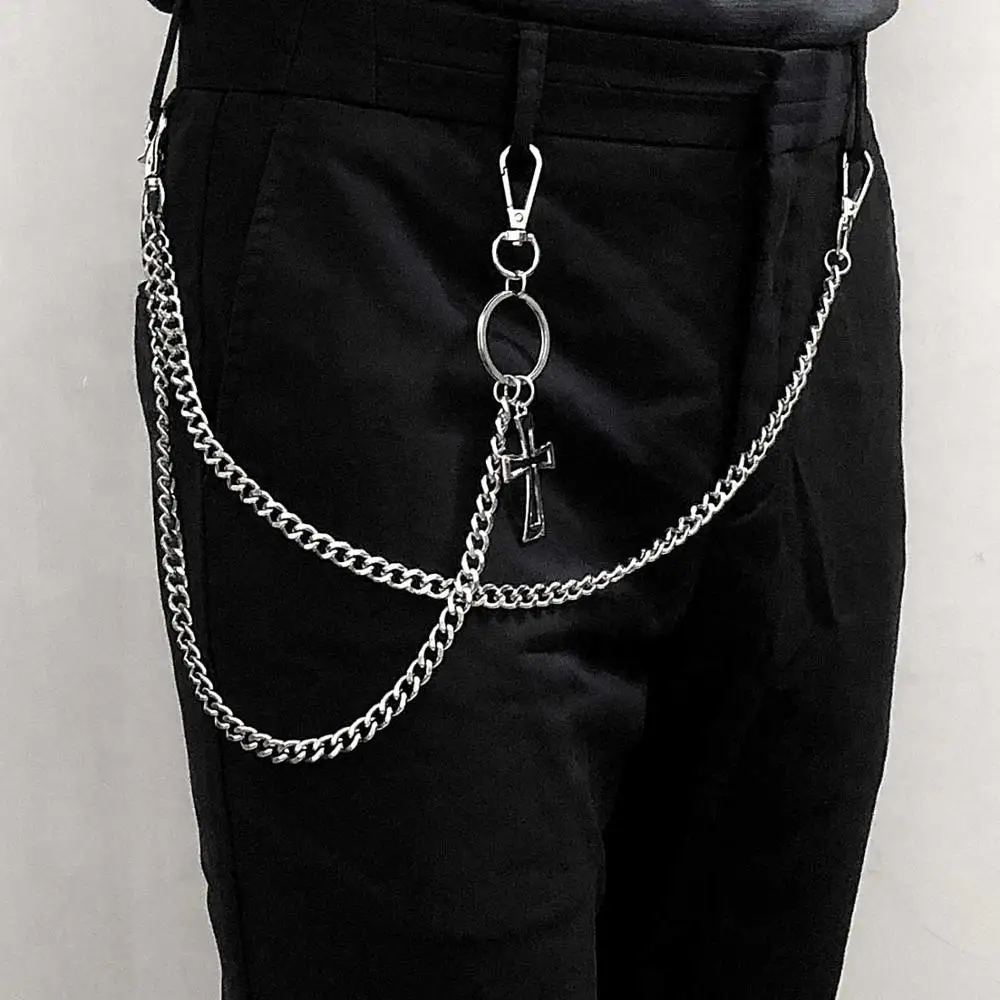 

Punk Rock cross Pendant Double layer Chain on pants women chain belt KeyChains Men's HipHop Metal Wallet Belt Trousers Jewelry