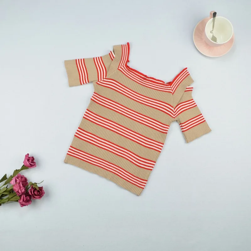 

2019 New Women Sexy Off Shoulder Knitting T Shirt Korean Stylish Striped Short Sleeve Female T Shirts Summer Casual Women Tops