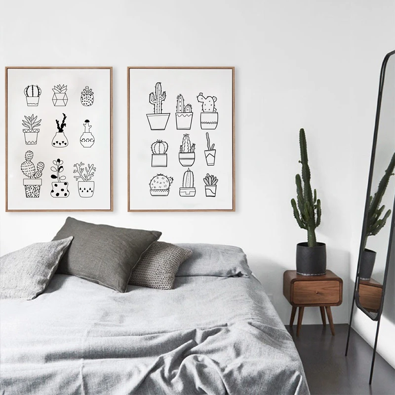 

Succulent Plants Cactus In Retro Pots Canvas Art Print Painting Poster , Hand Drawn Pot Plant Wall Pictures Home Decoration