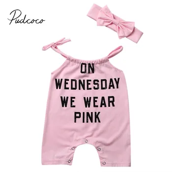 

2018 Brand New 2PCS Pink Newborn Baby Girls Romper Summer Sleeveless Letter Cotton Jumpsuit +Headband Outfits Sunsuit Clothes
