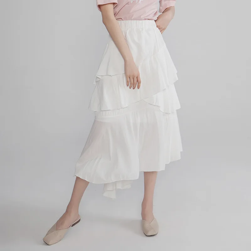 

Women's Skirt 2019 Summer New Ruffled Asymmetric Laminated Cake Skirt Woman Knee-Length Black Skirts Women
