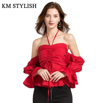 

2018 Autumn New Slim Solid Color Women Flare Sleeve Bow Blouse Female Backless Sexy Halter Tube Top Shirt White & Red