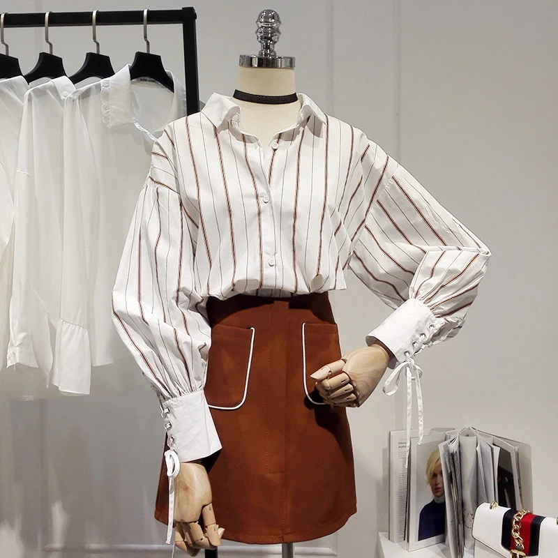 

summer new striped women blouse and shirts 2019 lantern sleeved bandage office lady shirts outwear tops