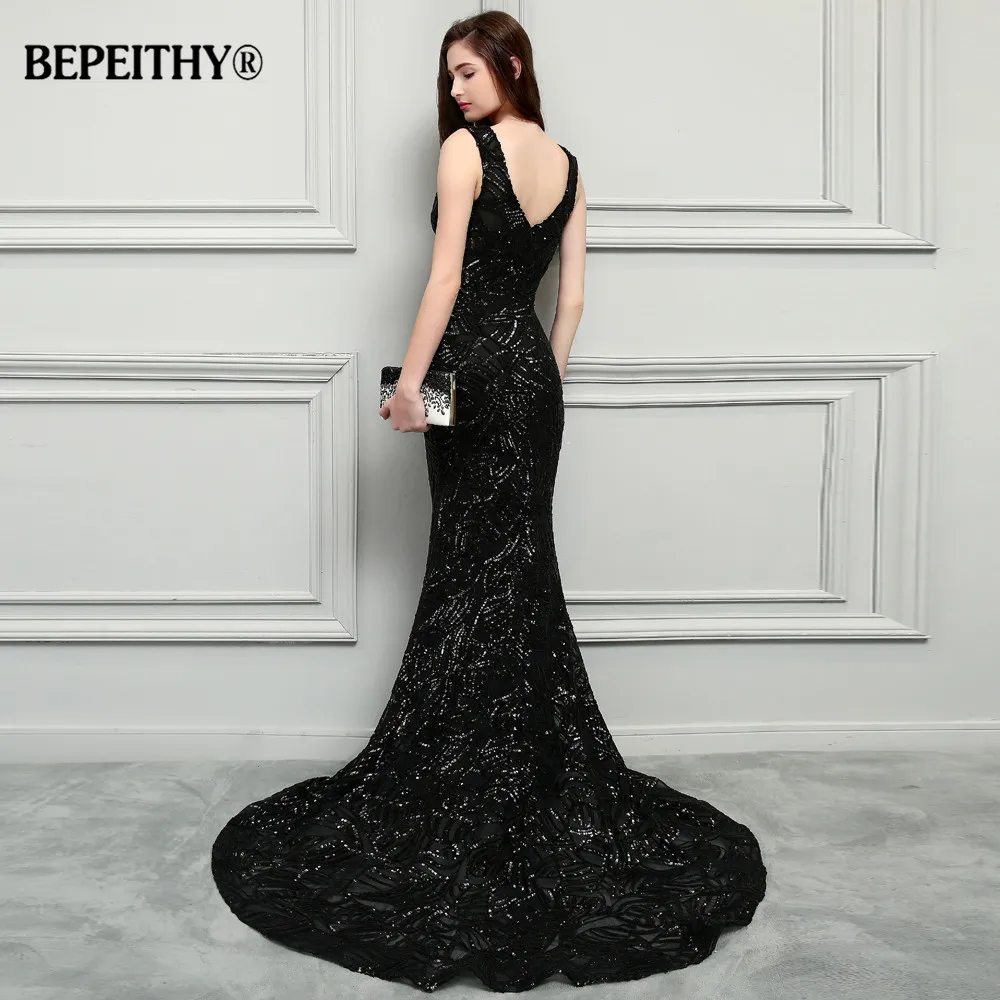 BEPEITHY Новый Русалка Длинные Выпускные платья 2019 блестящее платье Vestido Longo суд Поезд Сексуальная открытой спиной Вечерние без рукавов