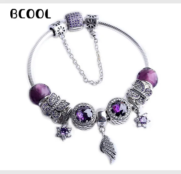 

100%925Sterling Silver Original1:1,2019 New Boutique Bracelet, PAN Romantic Feather Series Crystal Beads Bracelet Silver Jewelry