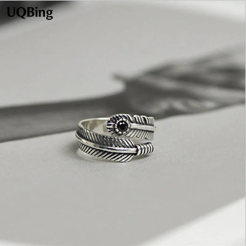 

925 Sterling Silver Retro Feather Ring For Party Jewelry Christmas Gift Women Jewelry Finger Rings