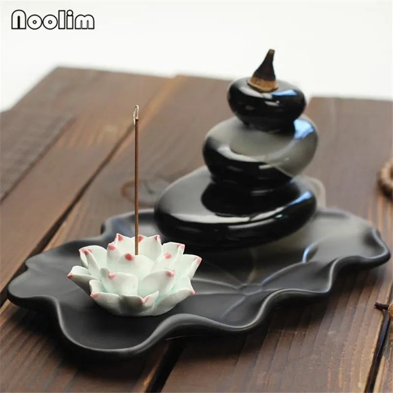 

Lotus Pond Waterfall Backflow Incense Burner With Polishing Cobblestone Creative Home Decor Aromatherapy Incense Stick Holder