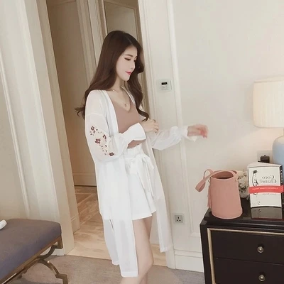 TingYiLi Maxi Kimono Cardigan Women Summer Beach Long Chiffon Cardigan Floral Embroidery Pink Black White Cardigan 3