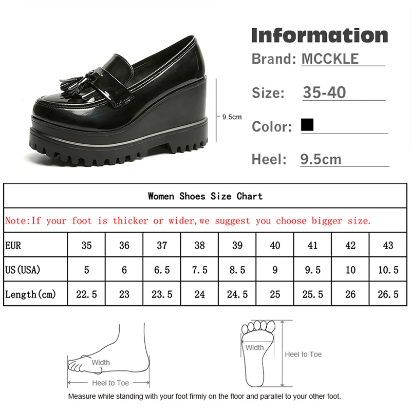 MCCKLE/Осенняя женская обувь на толстой мягкой подошве; повседневная женская обувь на платформе и высоком каблуке с бахромой; обувь на танкетке из лакированной кожи; женская обувь без шнуровки
