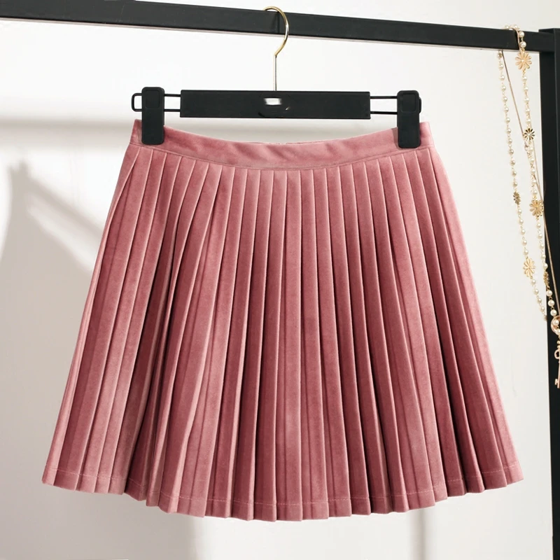 Женская драпированная мини-юбка, Весенняя Корейская женская однотонная Золотая Бархатная плиссированная юбка, Офисная Женская тонкая трапециевидная юбка выше колена с высокой талией - Цвет: FEN