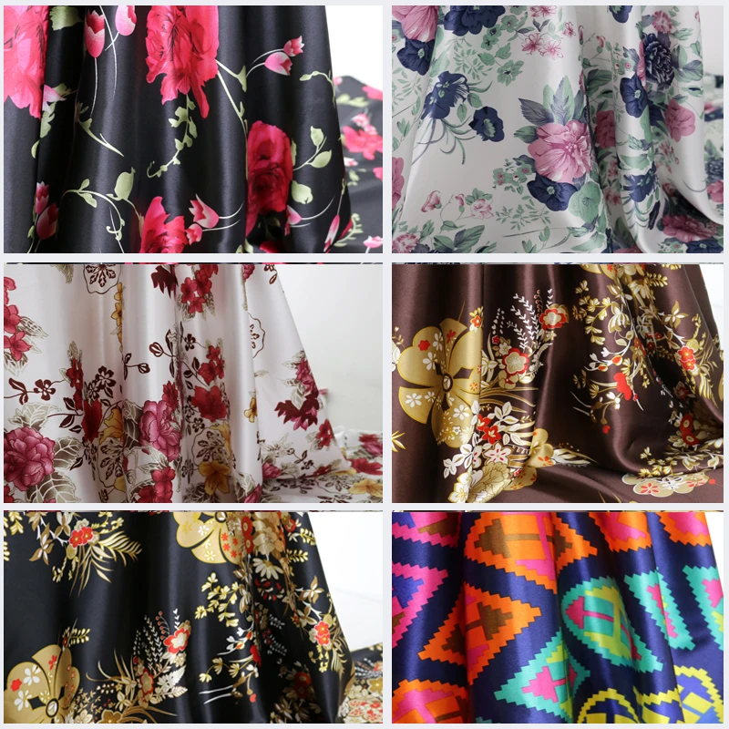 flowers satin print cloth soft polyester charmeuse vintage fabric
