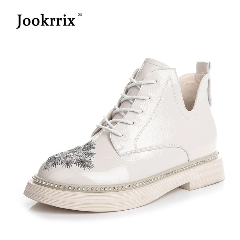 

Jookrrix Shoes Women Fashion Brand Retro Rivets Martin Boots Real Leather Lady chaussure Cross-tied Female footware Embroidery