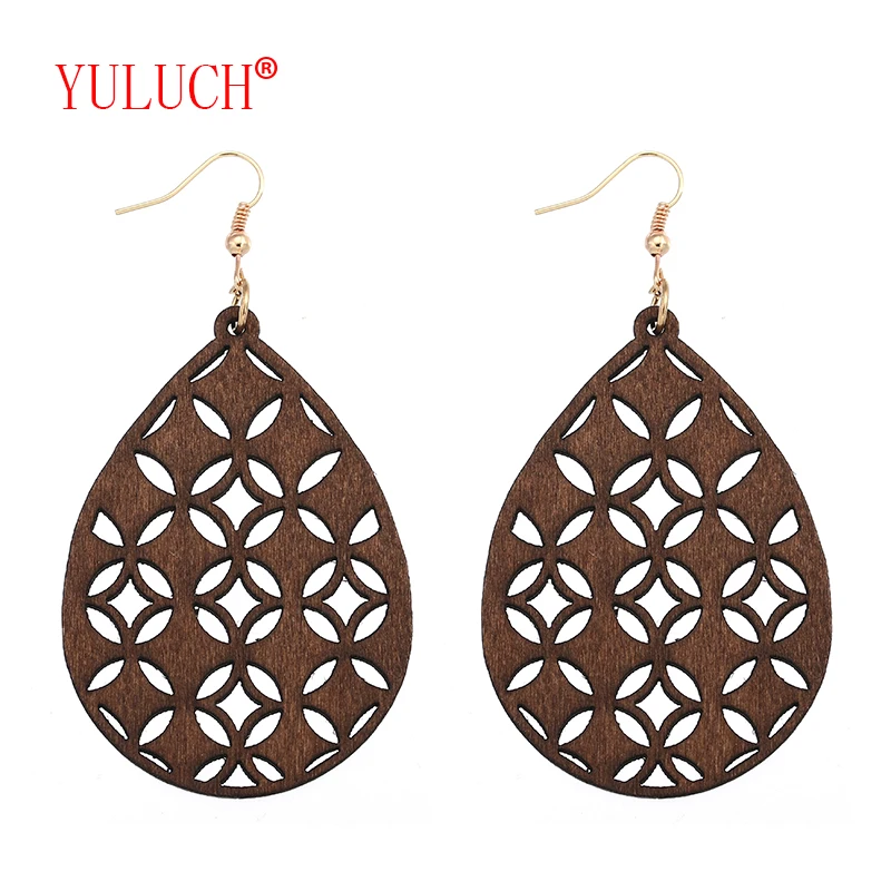 

YULUCH Fashion Woman National Jewelry for Wooden 4 Color Water Drops Quilted Lucky Coin Drop Earrings Popular Gifts