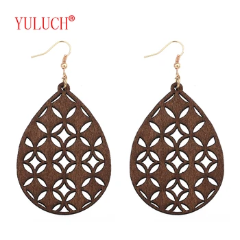 

YULUCH Fashion Woman National Jewelry for Wooden 4 Color Water Drops Quilted Lucky Coin Drop Earrings Popular Gifts