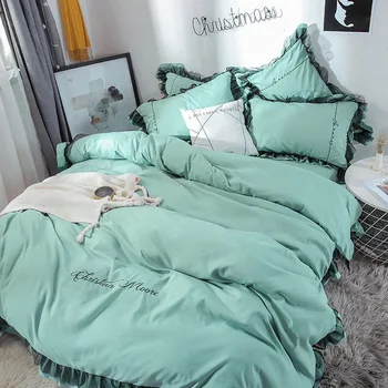 

100% Cotton Lace Trim Bedding Set Gray Brown Duvet/Quilt Cover Bed Fitted Sheet Set Ropa De Cama Parrure De Lit Bedding Set