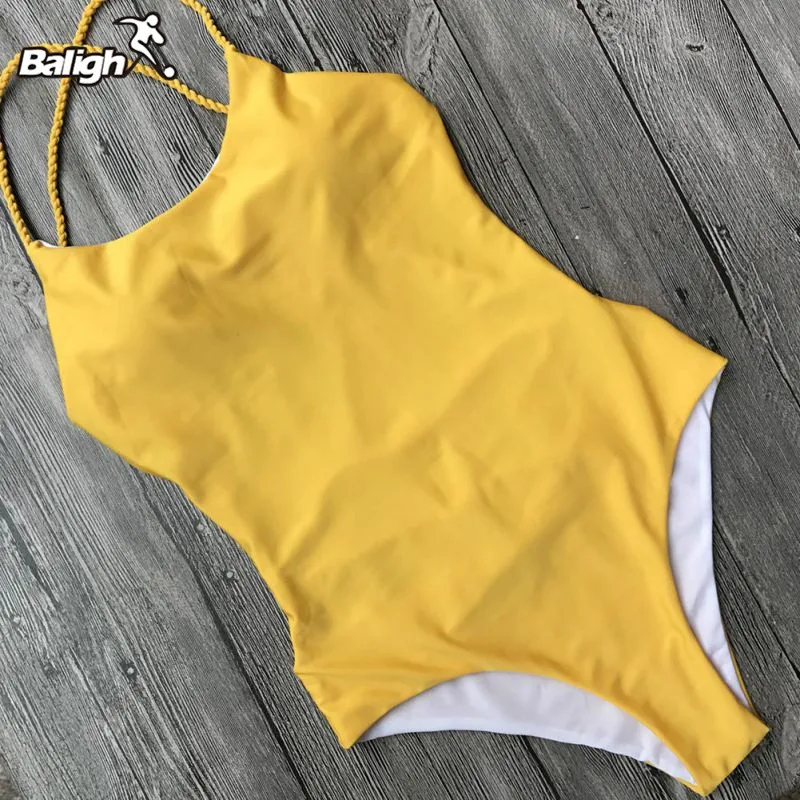 Good Price of  Bikini 2018 Bandage One Piece Swimsuit Solid striped halt backless Swimwear Women Halter Bathing Su