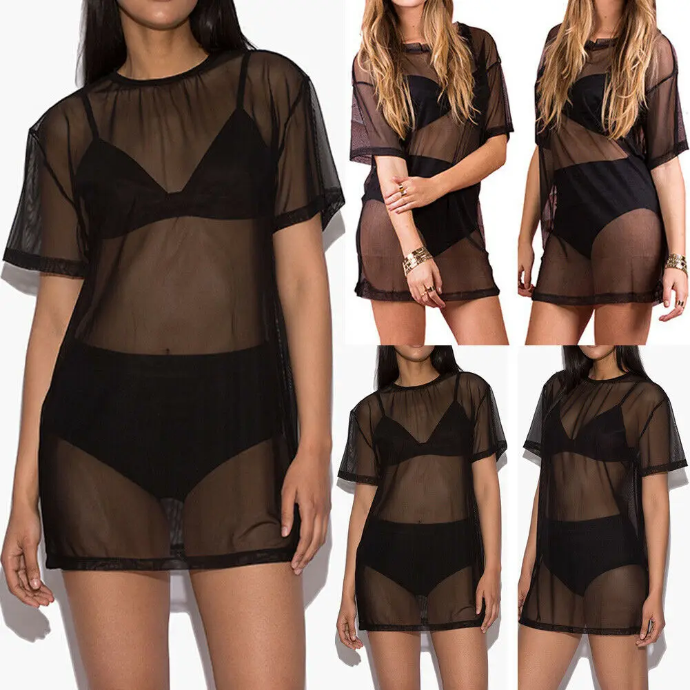 

Womens Dress Sexy Mesh See Thought Batwing Short Sleeve Soft Pullover Dress Casual Summer Sheer Beach Cover Up Dress For Womens