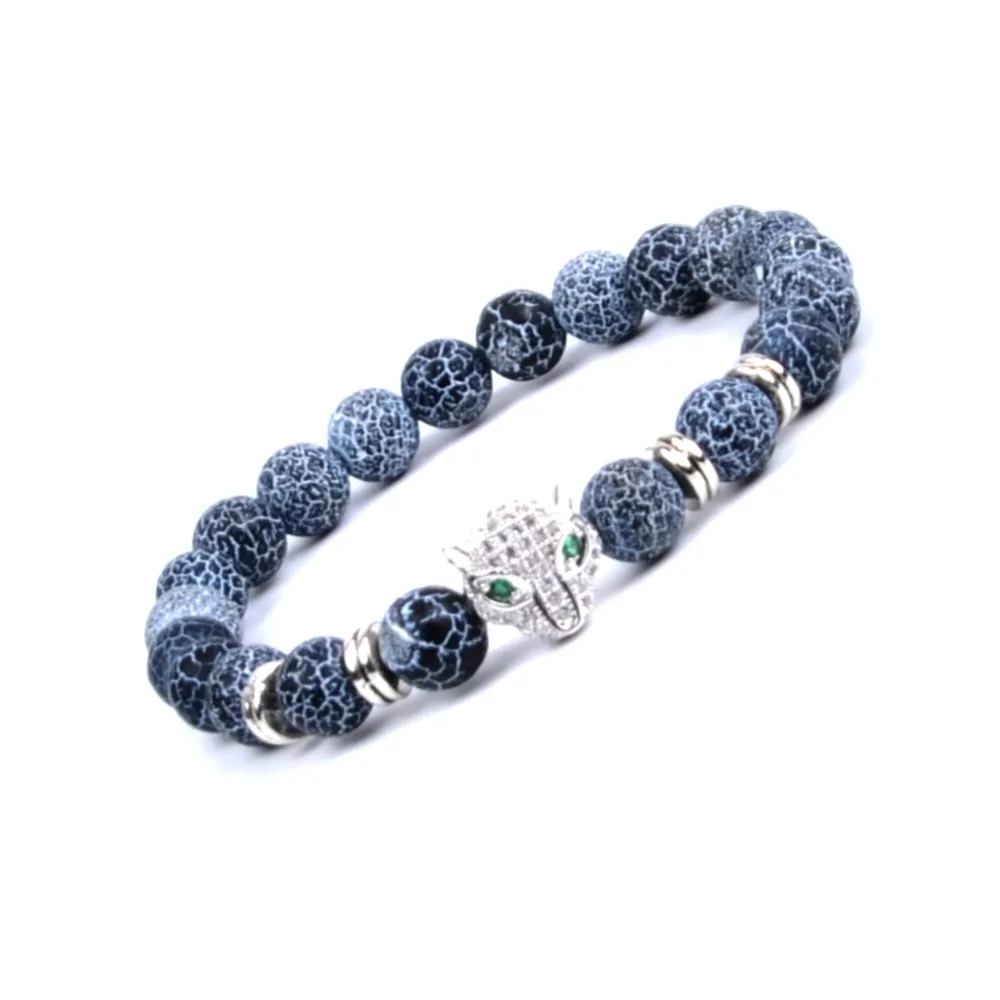 Бренд мужской браслет Micro Pave CZ Подвески с леопардом браслеты для женщин ювелирные изделия матовый черный агатовый камень Бусины Pulseira Masculina