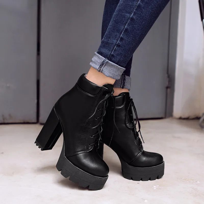 

YMECHIC Lace Up Ankle Boots for Women Chunky Block High Heels Platform Ladies Punk Rock Gothic Shoes Winter Footwear Woman 2018