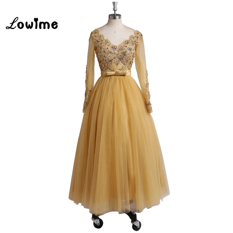 Short gold prom dresses with sleeves