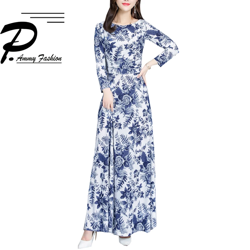 

2019 Spring autumn new waist high display slim super long big pendulum print dresses women party night fashion dress large size
