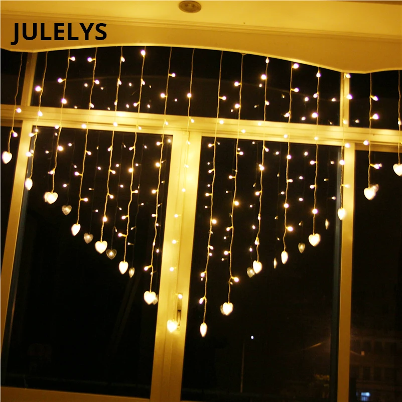 

JULELYS 2 * 1.5 124 Bulbs Heart LED Curtain Lights Christmas Garland Window LED Lights Decoration For Wedding Valentine's Day
