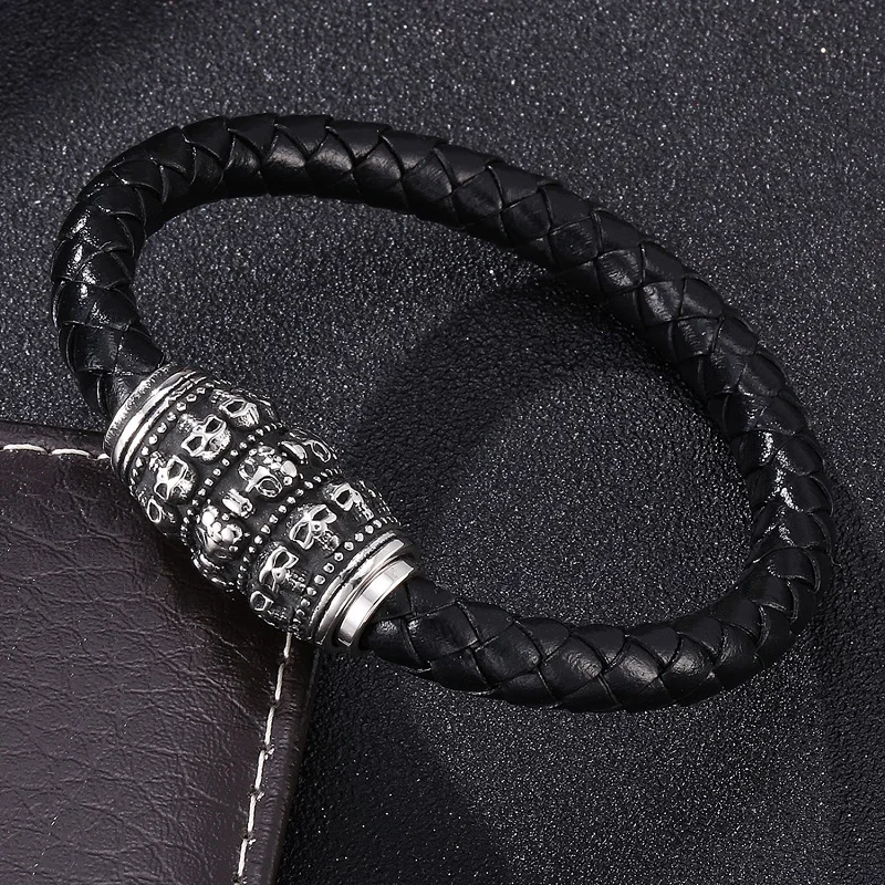 

Personality Bracelets Men Black / Brown Braided Leather Bracelet Punk Skull Magnetic Clasps Male Wrist Band Bangles Gifts ST0070