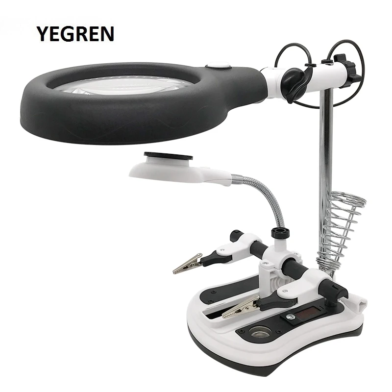 2.5X-10X Illuminated Magnifying Glass for Soldering Iron 18 LED Lighting Desktop Maintenance Auxiliary Clip Type Magnifier Tools