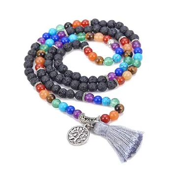

6mm Natural Black Volcanic Stone 108 Beads Bracelet Tassel Beaded Necklace Tree of Life Charm Yoga Mala 7 Chakra Healing Jewelry