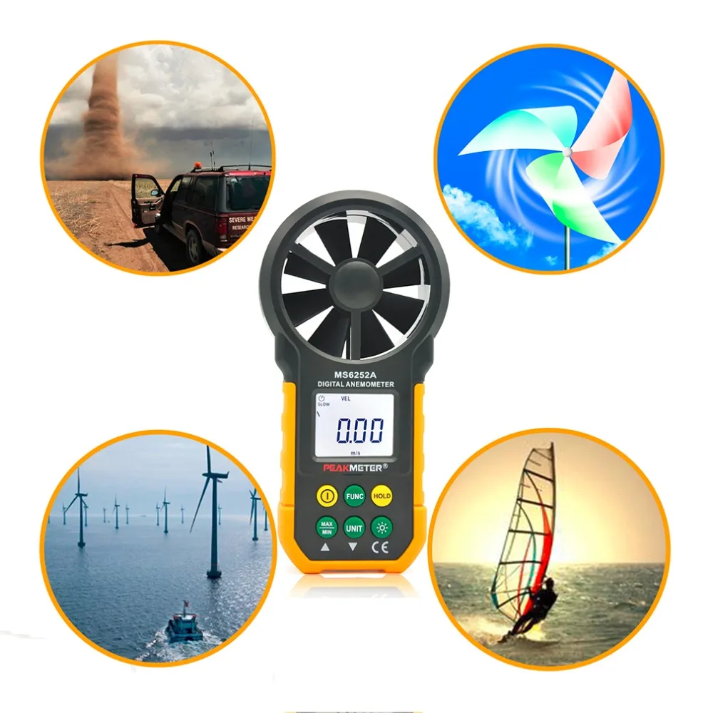 

HYELEC MS6252A Multifunction Wind Speed Test Meter Multifunction Digital Anemometer Tachometer/Air Volume/Thermometer/Humidity
