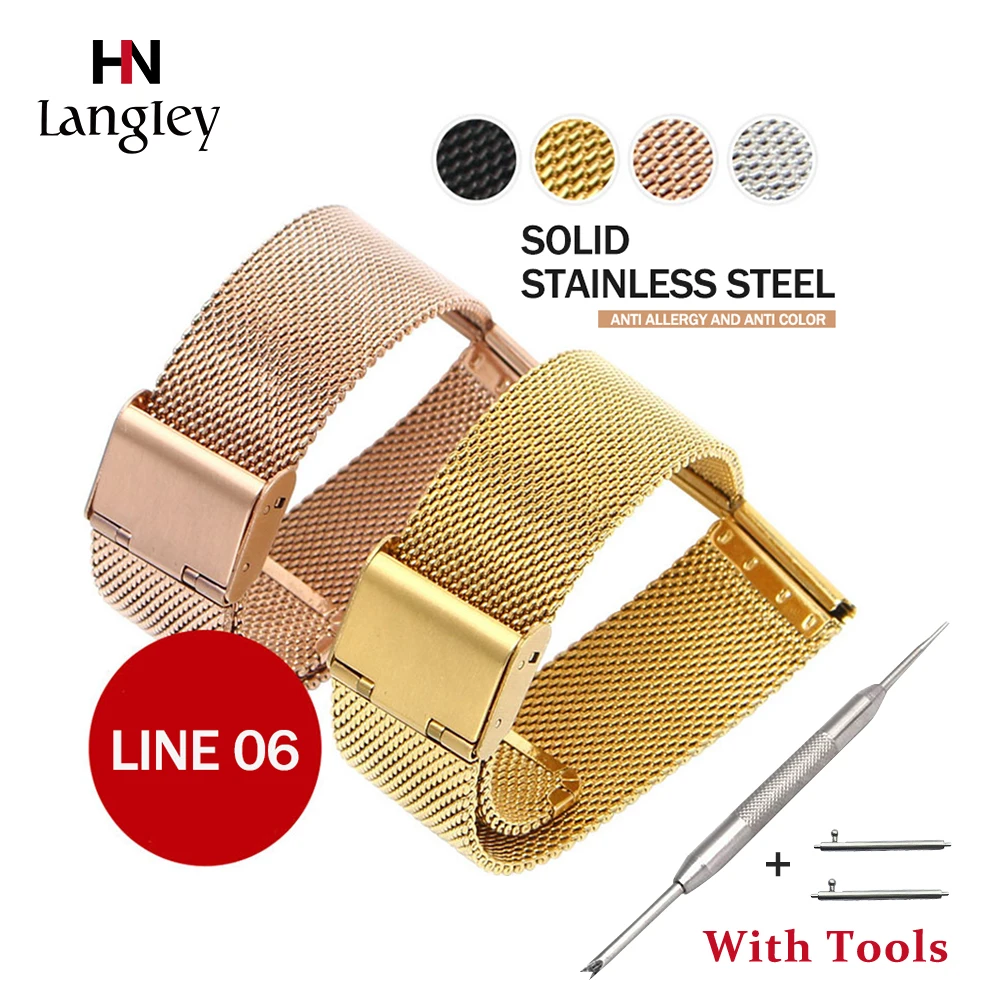 

Full Stainless Steel Wristwatch Band 12-24mm High Quality Mesh Band Gold Black Silver Straps For Men Women Watches With Tools