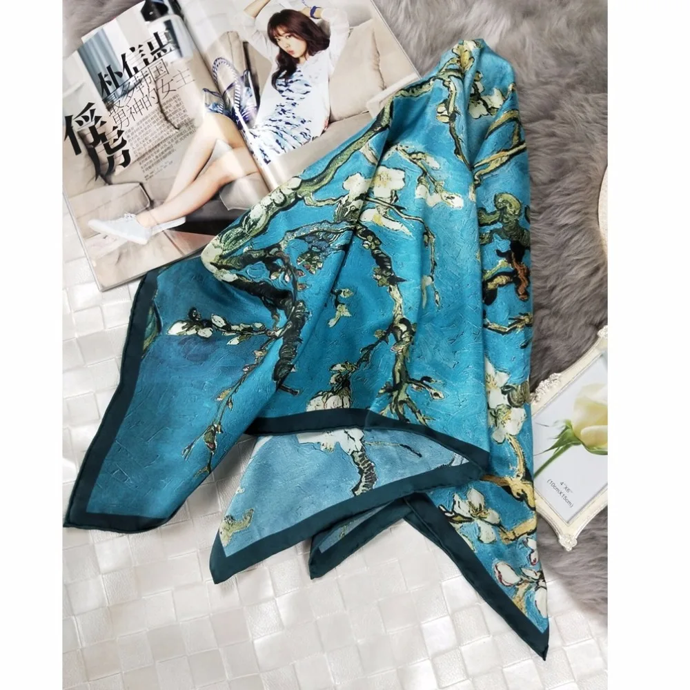 

Vintage Oil Painting Large Square Silk Scarf Shawl Women 100% Silk Twill Scarf Hijab Foulard High Quality 88x88cm
