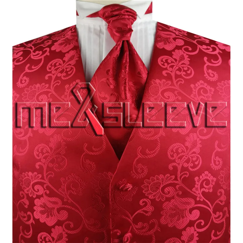 

free shipping man's formal red flower tailored suit waistcoat(vest+ascot tie+handkerchief+cufflinks)