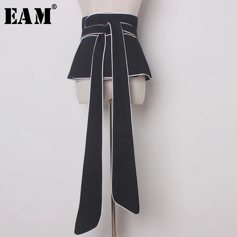 

[EAM] 2019 New Spring Solid Color Army Green Line Bandage Bow Loose Long Big Wide Belt Women Fashion Tide All-match JA49