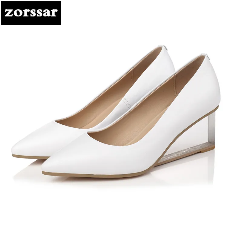 

{Zorssar} 2018 spring New fashion Genuine Leather womens pumps shoes pointed toe Wedges High heels ladies Office Career shoes