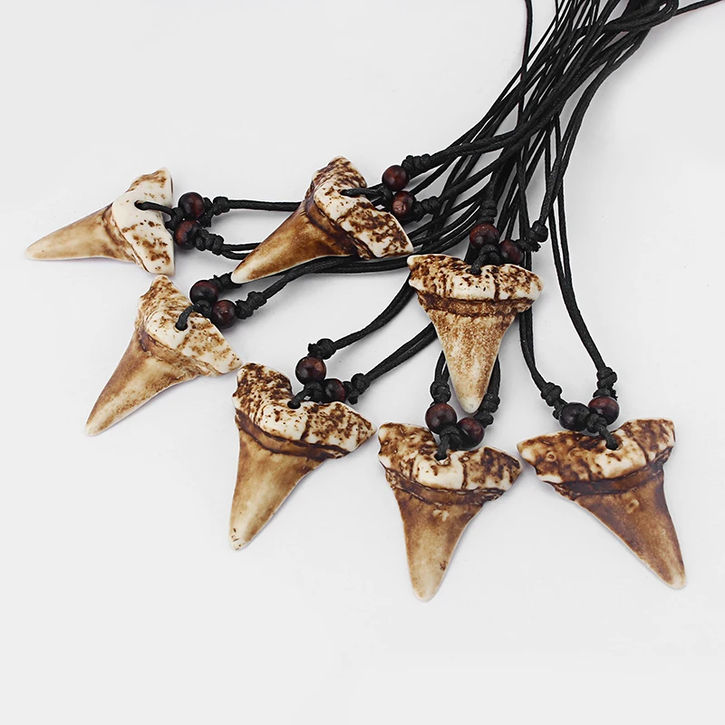 

12Pcs Brown Large Shark Tooth Teeth Imitation Yak Bone Pendant Necklace Adjustable Surfer Gift
