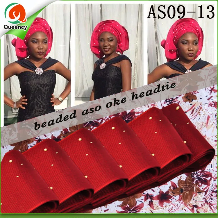 

AS09 the Newest African Aso-Oke Headtie Solid and Plain Wine color African Aso Oke with Beads and stones for Party or Wedding