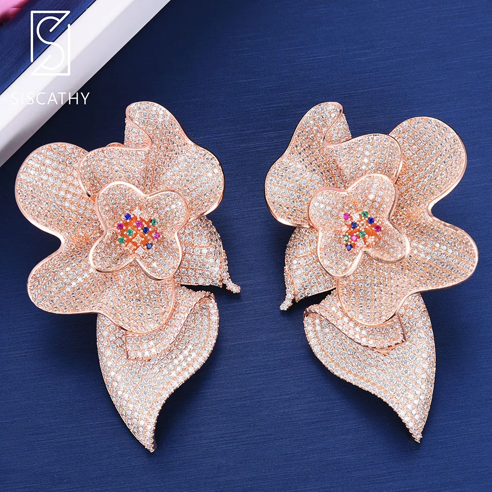 

51*77 mm SISCATHY Trendy Big Earrings Blossom Shape Full Cubic Zirconia Inlaid Dubai wedding Engagement Dangle Drop Earrings