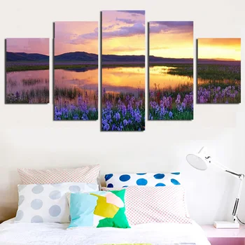 

Modern Unframed Oil Painting Lavender In The Sunset Print on Canvas Modular Art Poster Scenery Wall Sticker Home Decoration 5pcs