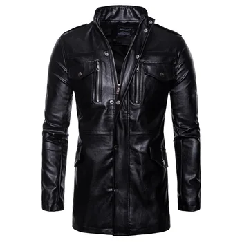 

Fashion leather jackets men 2018 autumn outfit in the new long leather motorcycle jacket collar four pockets