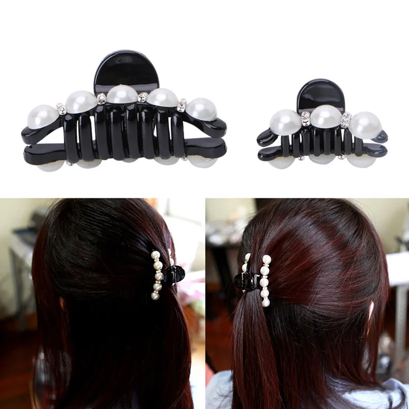 1PC Elegant Black Hair Claw Hairs Clips Fake Pearls Plastic Hairpin