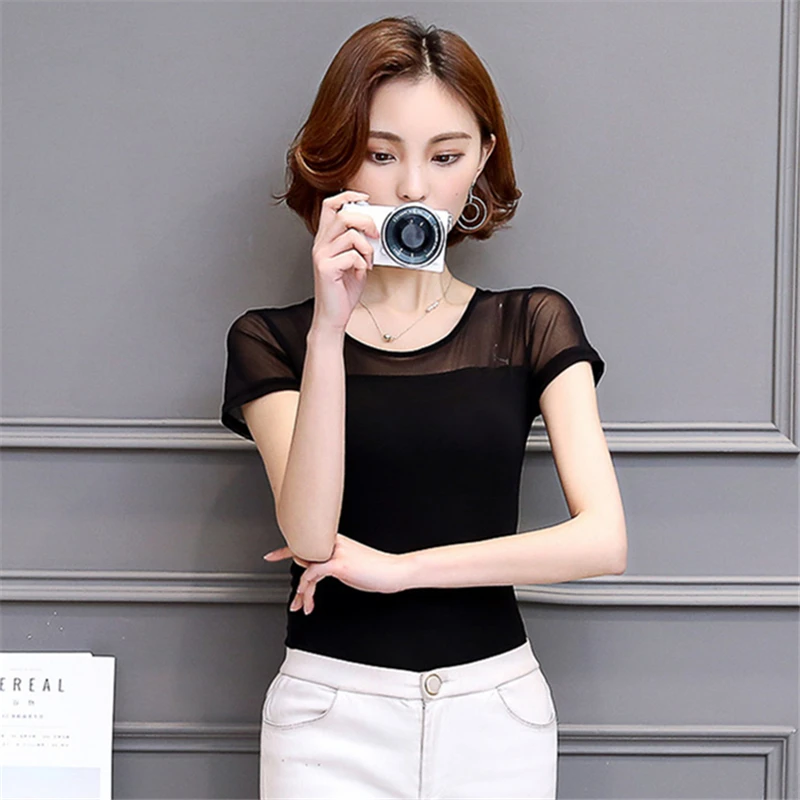 

Women Summer 2019 Tshirt Casual Short Sleeve Tops Tees Sexy Lace T-Shirt O-neck Loose Plus Size 3XL Black Shirts harajuku #T000
