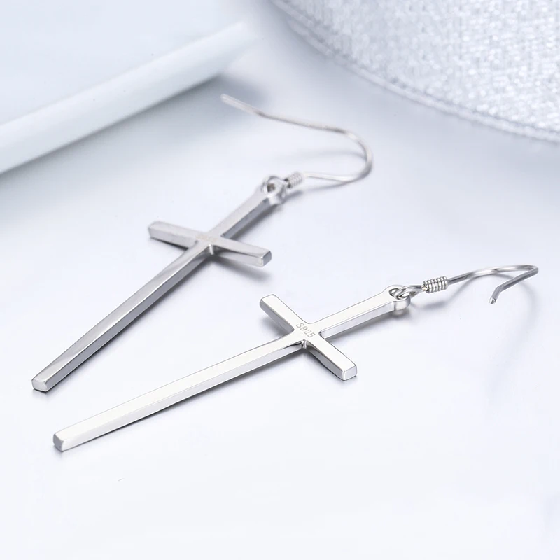 Real 925 Sterling Silver Long Cross Drop Dangle Hook Earrings For Women Girls Jewelry Gift Pendientes Aros Oorbellen Orecchini