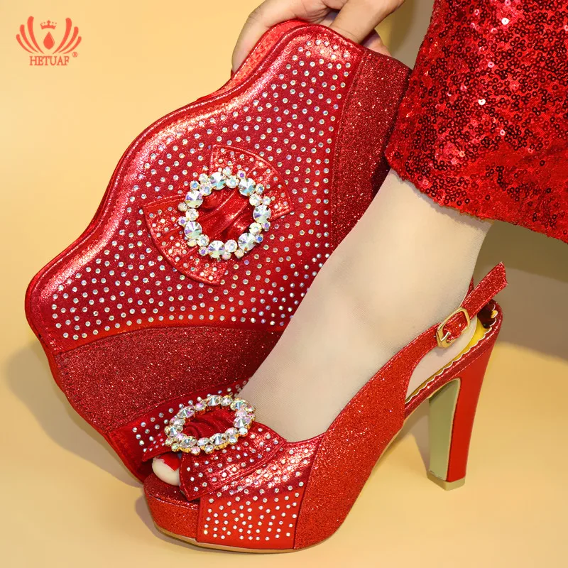 

New African Women Wedding Shoes and Bag Set Italy Red Color Italian Shoes with Matching Bag Set Decorated with Rhinestone Party
