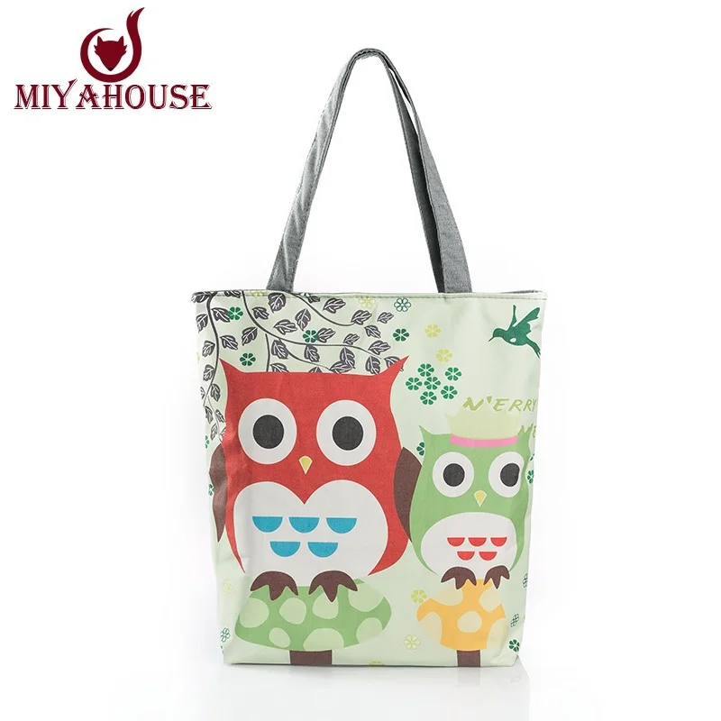 Fashion Female Canvas Beach Bag Cartoon Owl Printed Casual Tote Women Canvas Handbag Daily Use Single Shoulder Shopping Bags